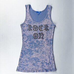Vintage Tank Top | Y2K Ribbed Knit Tie Die Women's Tank Top w/ 'Rock On' Graphic